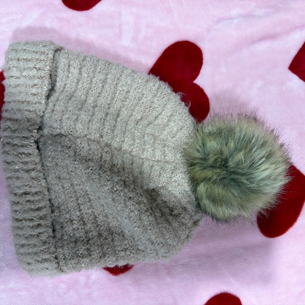CC Boutique Beige Knit Beanie with Faux Fur Pom